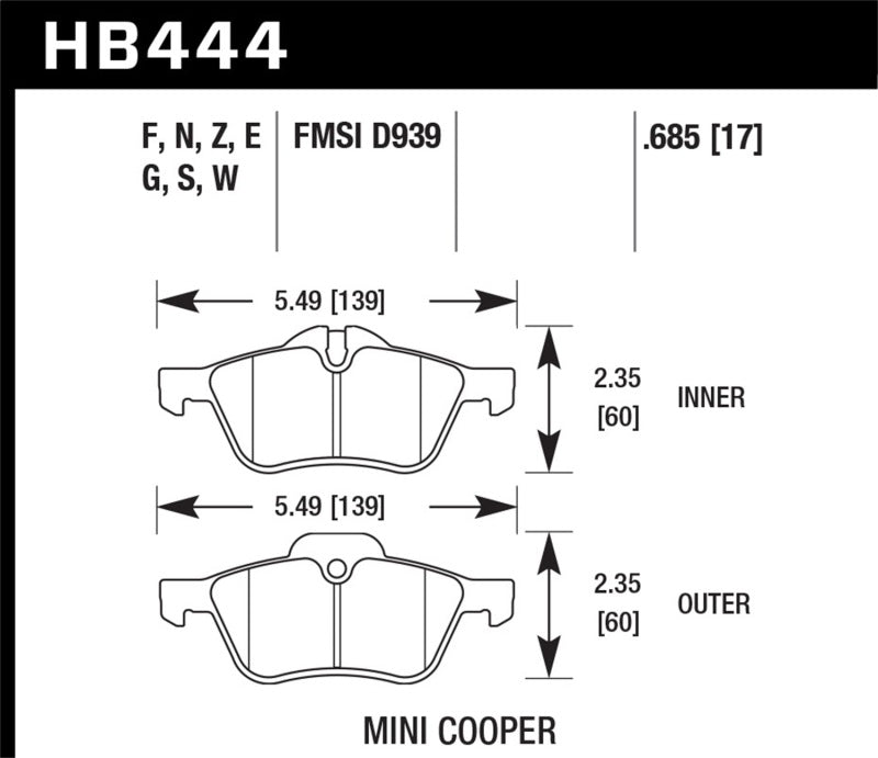 Hawk HB444N.685 02-06 Mini Cooper / Cooper S HP+ Street Front Brake Pads