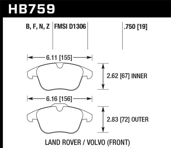 Hawk HB759N.750 11-16 Volvo S60 (w/300mm Rotors) / 07-16 Volvo S80 (w/300mm Rotors) HP+ Street Front Brake Pads