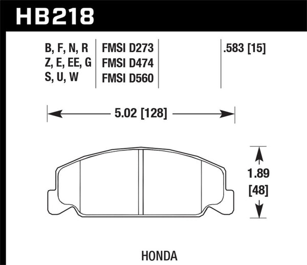 Hawk HB218W.583 84-85 Honda Accord / 88-00 Civic / 88-91 CRX 15mm DTC-30 Front Race Brake Pads