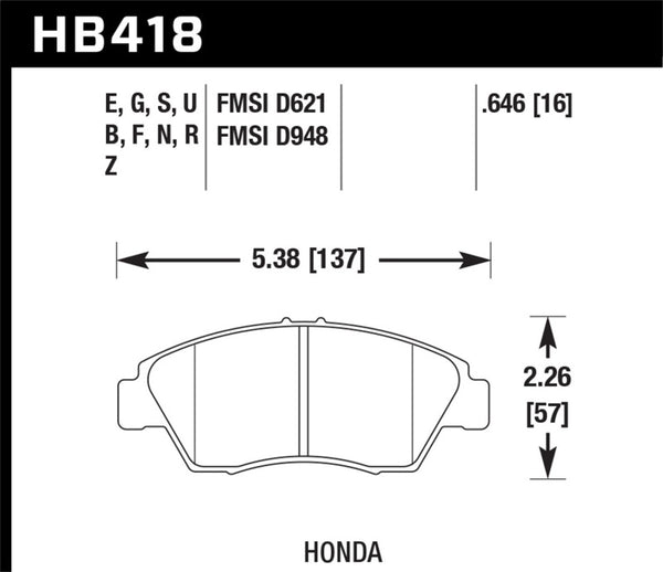 Hawk HB418F.646 02-06 RSX (non-S) Front / 03-09 Civic Hybrid / 04-05 Civic Si HPS Street Rear Brake Pads