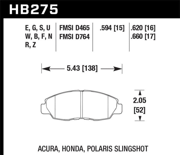 Hawk HB275G.620 97-99 Acura CL / 93-02 Honda Accord Coupe DX/EX/LX/96-10 Civic Coupe EX DTC-60 Race Brake Pads