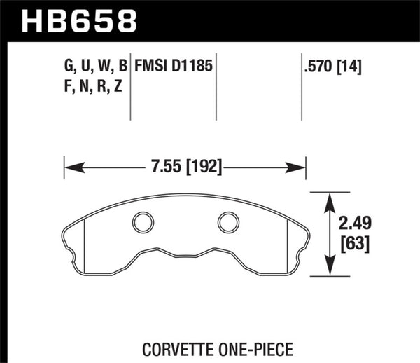 Hawk HB658B.570 2010-2013 Chevy Corvette Grand Sport (One-Piece Pads) High Perf. Street 5.0 Front Brake Pads