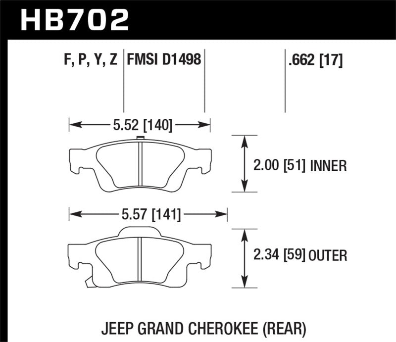 Hawk HB702B.662 11-12 Dodge Durango / 11-12 Jeep Grand Cherokee HPS 5.0 Rear Street Brake Pads