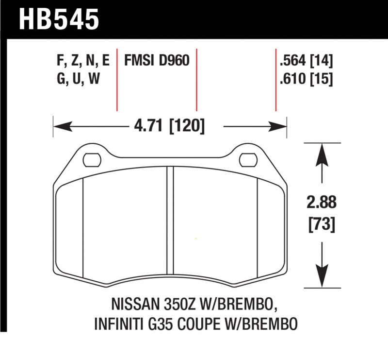 Hawk HB545E.564 03-07 G35/ 03-09 350z/03-06 Sentra w/ Brembo Blue 9012 Street Front Brake Pads