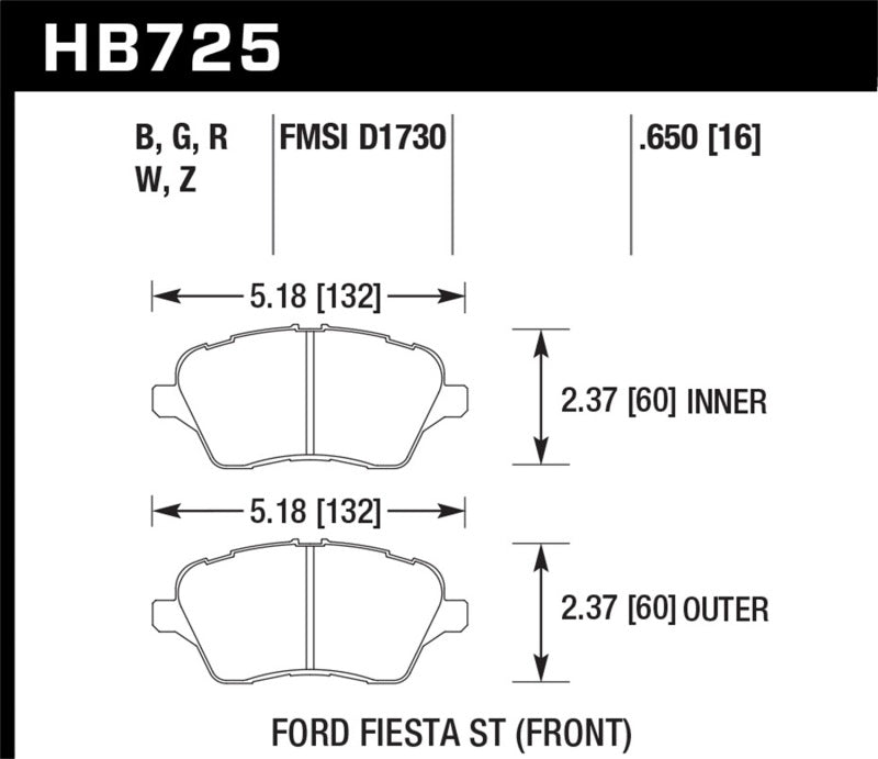 Hawk HB725G.650 2014 Ford Fiesta ST DTC-60 Front Brake Pads