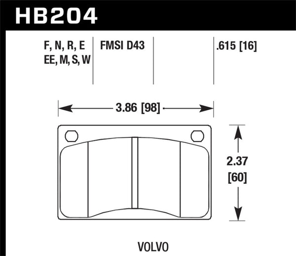 Hawk HB204M.615 Volvo 142/145/164/240/242/244/245/262/265/1800 Black Race Brake Pads