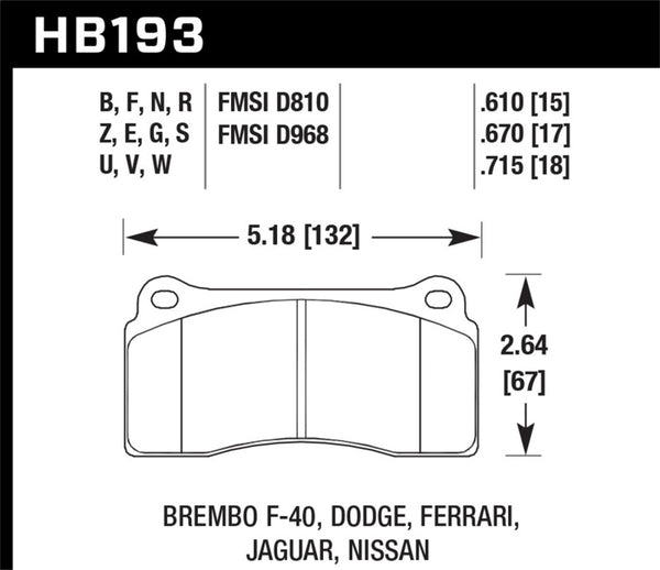 Hawk HB193W.670 Dodge / Ferrari Front & Rear / Ferrari / Jaguar / Nissan Front DTC-30 Race Brake Pads