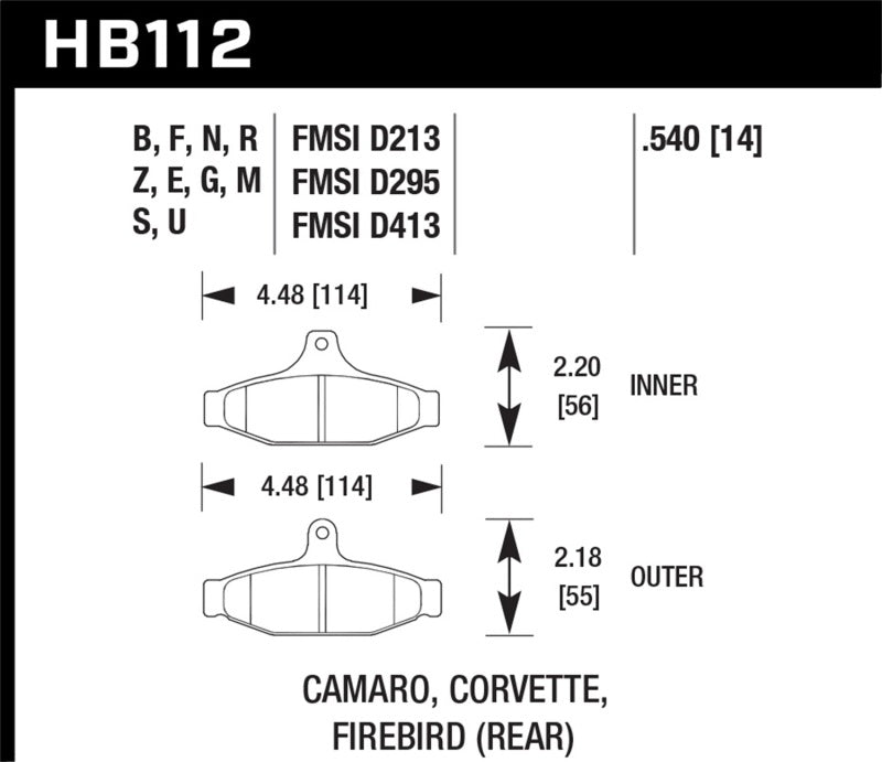 Hawk HB112N.540 84-96 Corvette /88.5-97 Pontiac Firebird HP+ Street Rear Brake Pad