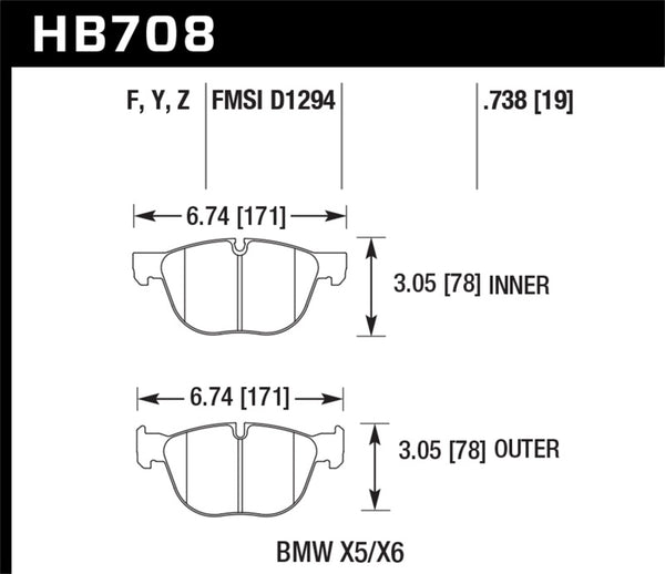 Hawk HB708F.738 07-08 BMW X5 3.0si/4.8i / 09-13 X5 Xdrive / 08-13 X6 Xdrive HPS Front Brake Pads