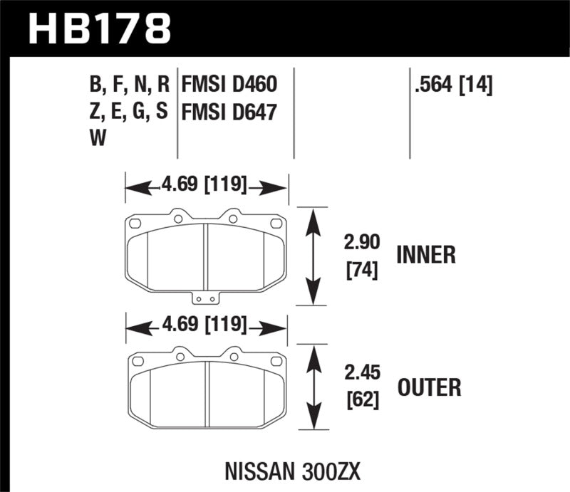 Hawk HB178E.564 06-07 WRX / 89-96 Nissan 300ZX / 89-93 Skyline GT-R Blue 9012 Front Race Pads