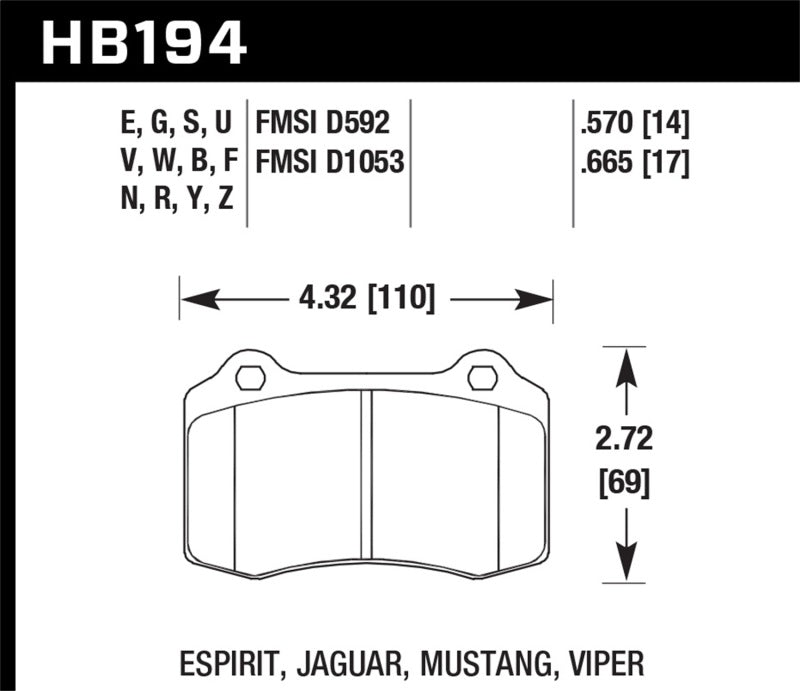 Hawk HB194U.665 96 & 00-02 Dodge Viper GTS/00-02 Viper RT 10 / 00 Ford Mustang SVT Cobra Race DTC-70 Brake Pads