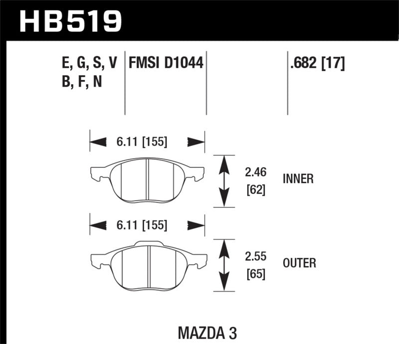 Hawk HB519N.682 HP+ 08-09 Mazda 3 / Ford/ Volvo HP+ Street Front Brake Pads