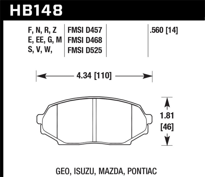 Hawk HB148W.560 90-93 Geo Storm / 90-92 Isuzu Impulse / 90-93 Mazda Miata DTC-30 Front Race Pads